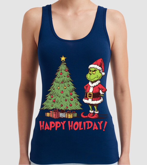 Happy Holiday Grinch model albastru închis pe tricou