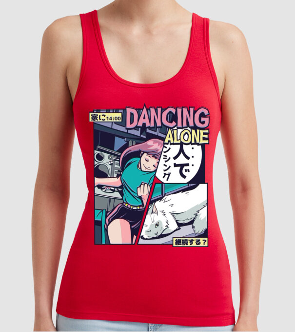 Anime Vaporwave Dancing Alone model roșu pe tricou