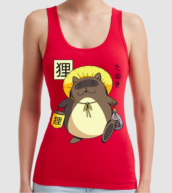 Tanuki Yokai model roșu pe tricou