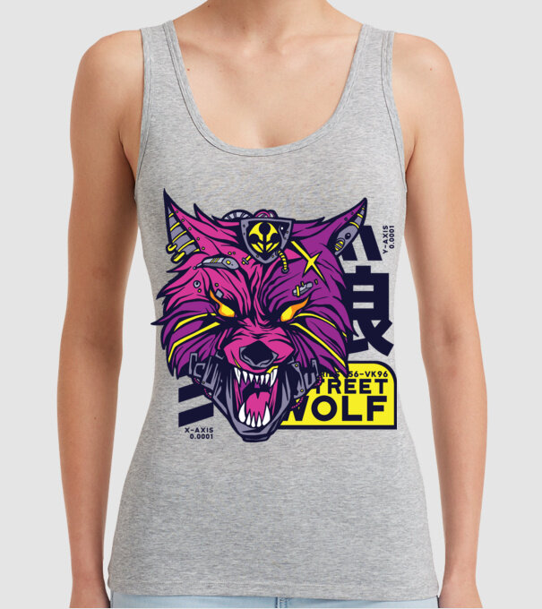 Cap de lup Cyberpunk model gri pe tricou