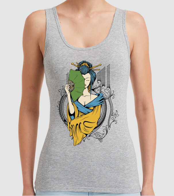 Geisha cu evantai 2 model gri pe tricou