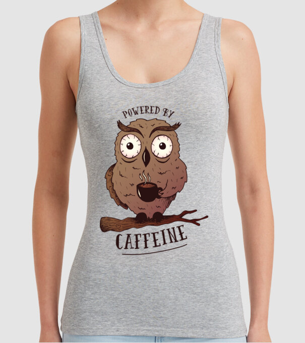 Powered by Caffeine - Tricou cu bufniță și energie de cafeină model gri pe tricou