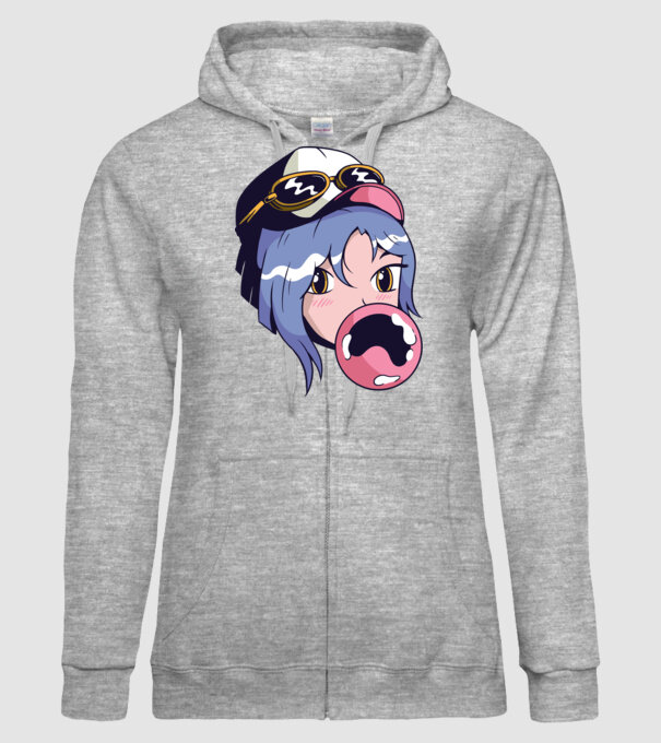 fată Anime cu gumă de mestecat model gri pe tricou