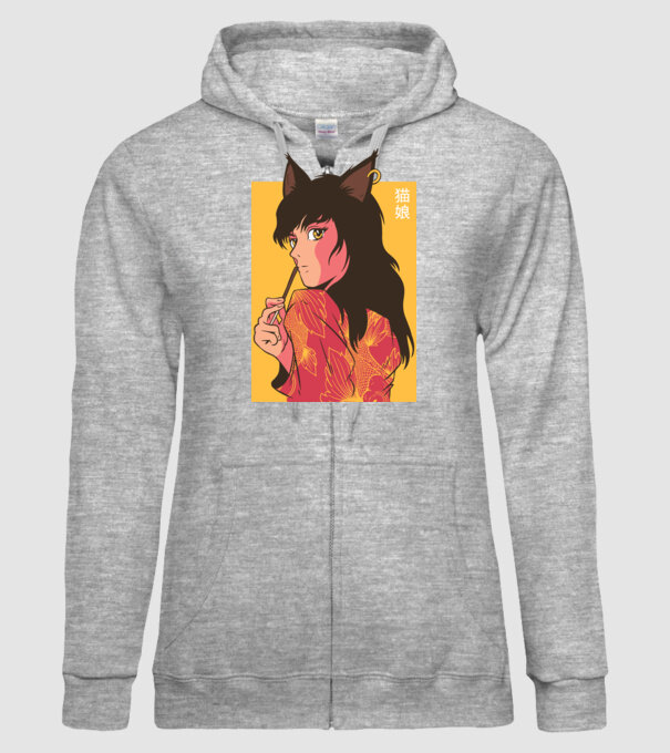 Pisică Fată Anime model gri pe tricou