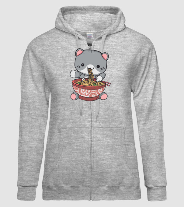 Pisică Kawaii Ramen model gri pe tricou