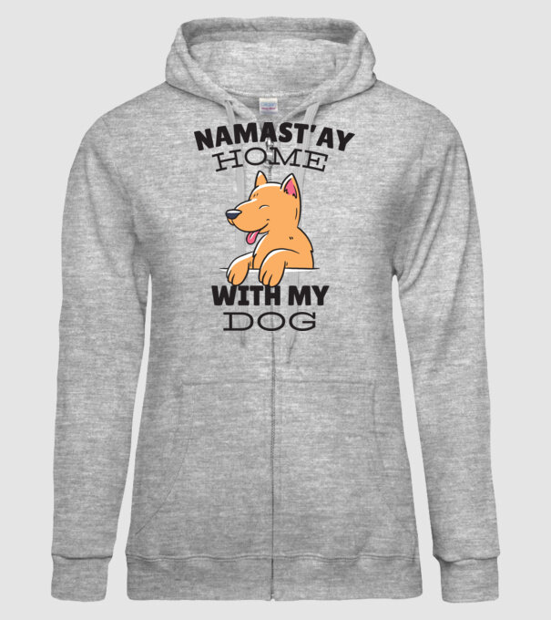 'Namast''ay Home with my Dog -Yoga Carantină' model gri pe tricou