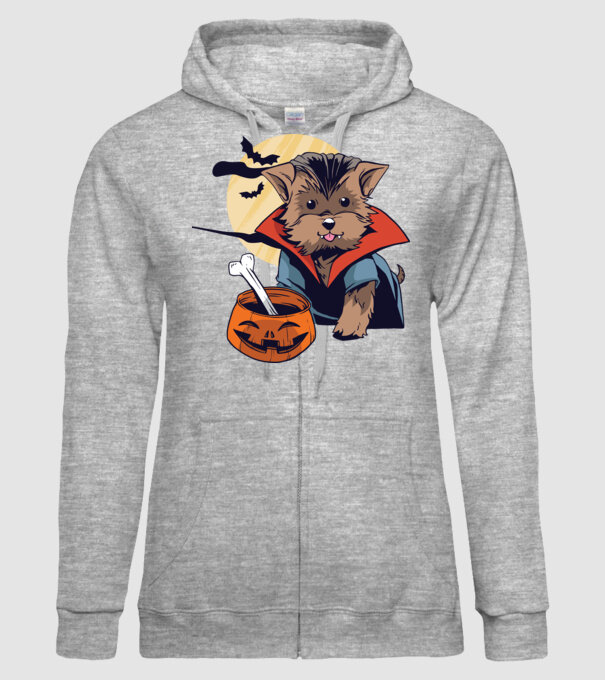 Vampir Yorkie Halloween model gri pe tricou