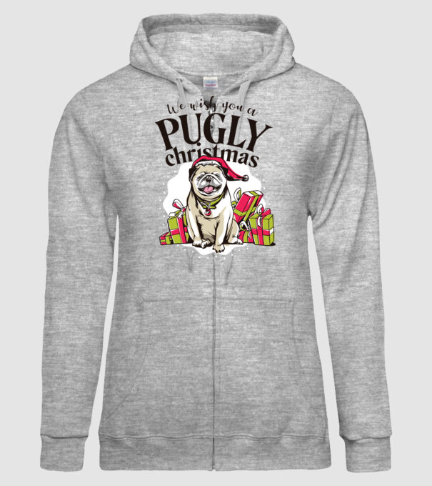 We wish You a Pugly Christmas tricou cu mops model gri pe tricou