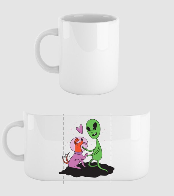 Alien cu câine model alb pe tricou