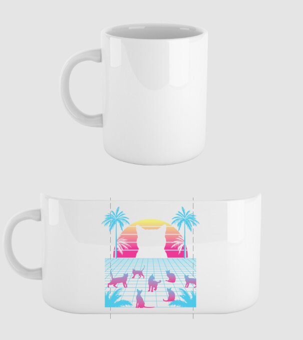 Pisică Vaporwave neon model alb pe tricou
