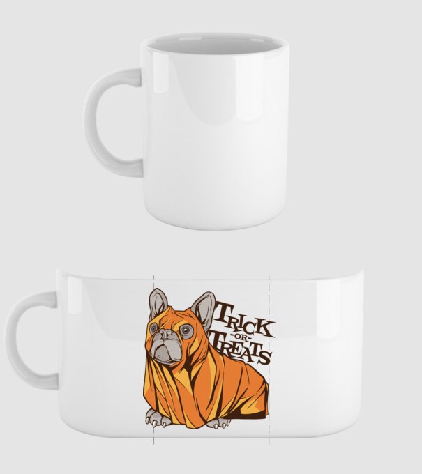 Trick or Treat Mops Halloween model alb pe tricou
