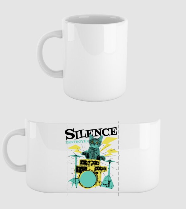 Pisică Baterist - Silence Destroyer model alb pe tricou