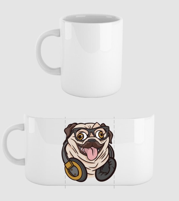 Mops cu căști model alb pe tricou