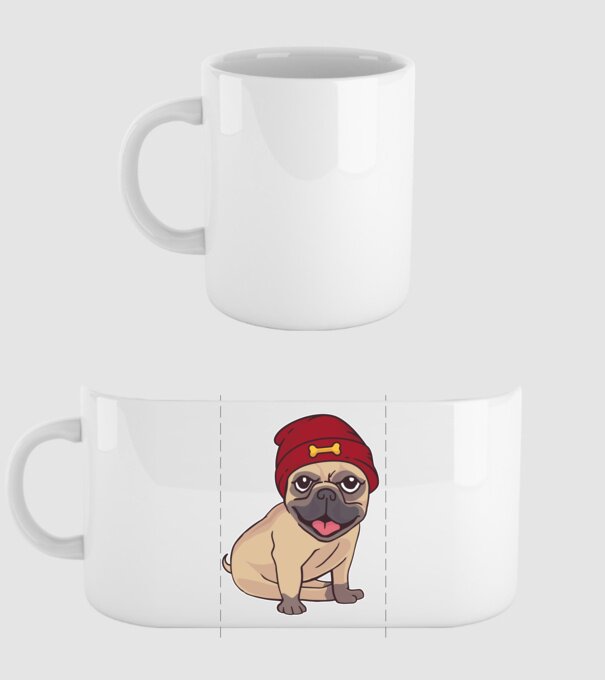 Mops cu șapcă model alb pe tricou