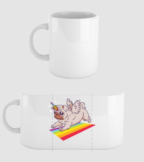 Mops unicorn model alb pe tricou