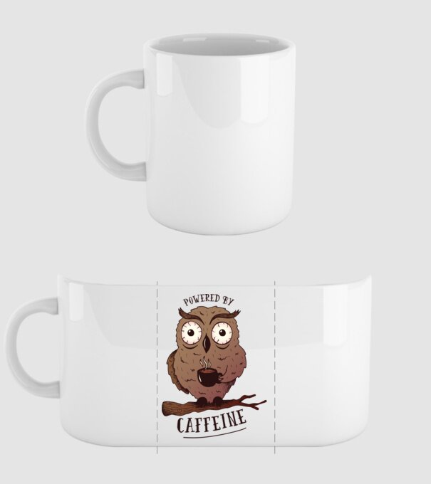 Powered by Caffeine - Tricou cu bufniță și energie de cafeină model alb pe tricou