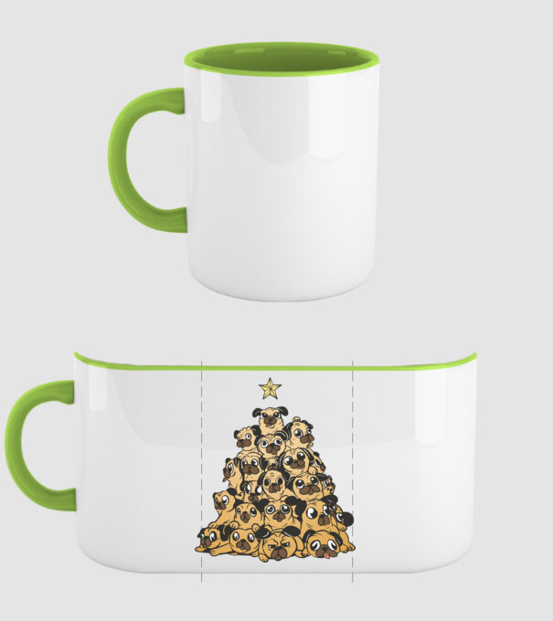 pom de Crăciun cu cățel (mops) model verde pe tricou