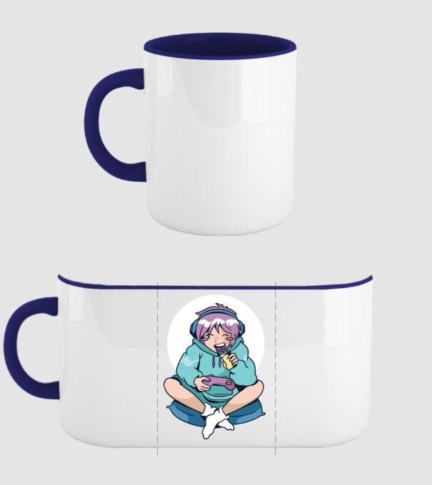 Anime Gamer Fată cu ciocolată model albastru închis pe tricou