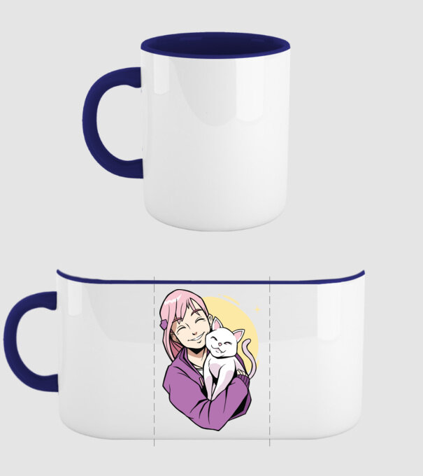 Anime fată cu pisică model albastru închis pe tricou