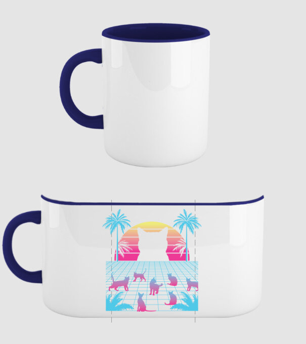 Pisică Vaporwave neon model albastru închis pe tricou