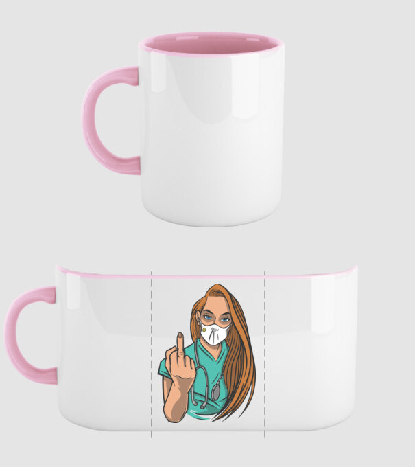 Asistentă medicală arată degetul model roz deschis pe tricou