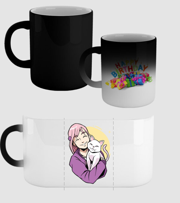 Anime fată cu pisică model negru pe tricou