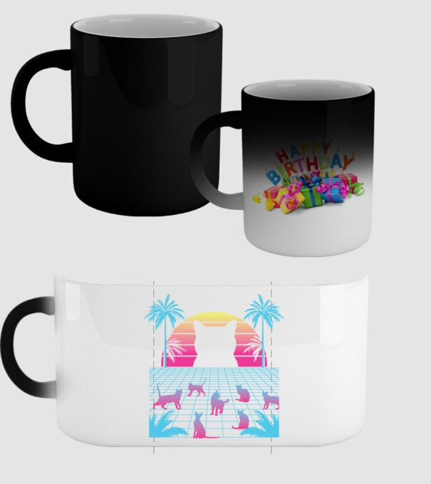 Pisică Vaporwave neon model negru pe tricou