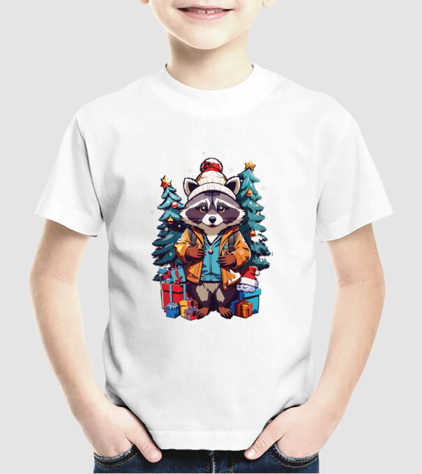 Crăciunul ratonilor model alb pe tricou