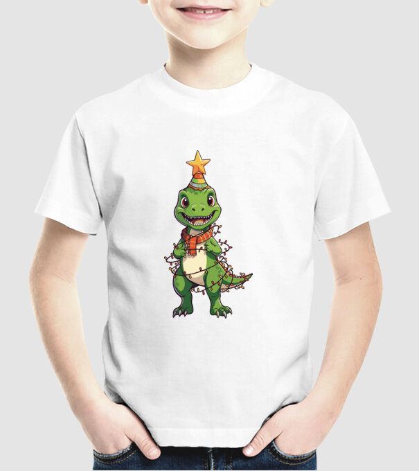 dinozaur pom de Crăciun model alb pe tricou