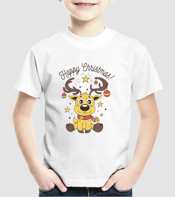 Happy Christmas Reindeer Alb model alb pe tricou