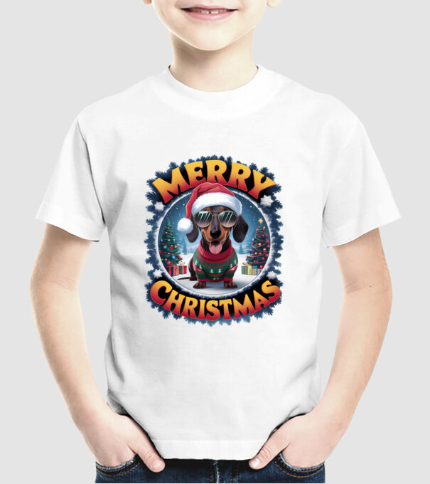 Merry Christmas Teckel model alb pe tricou