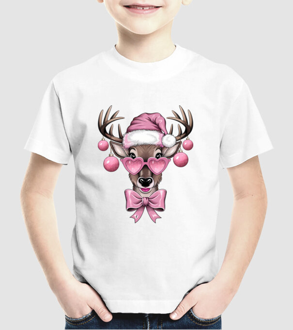 Pink Xmas Reindeer model alb pe tricou