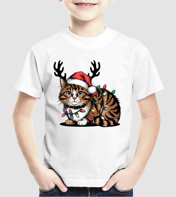 Pisica de craciun model alb pe tricou