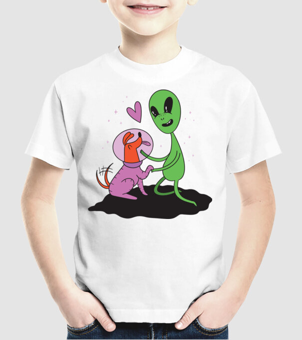Alien cu câine model alb pe tricou