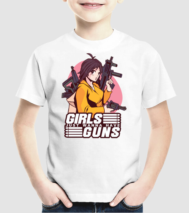 Anime fată cu armă model alb pe tricou