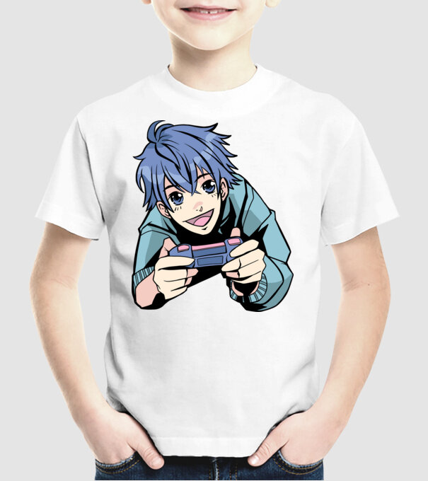 Anime băiat Gamer model alb pe tricou