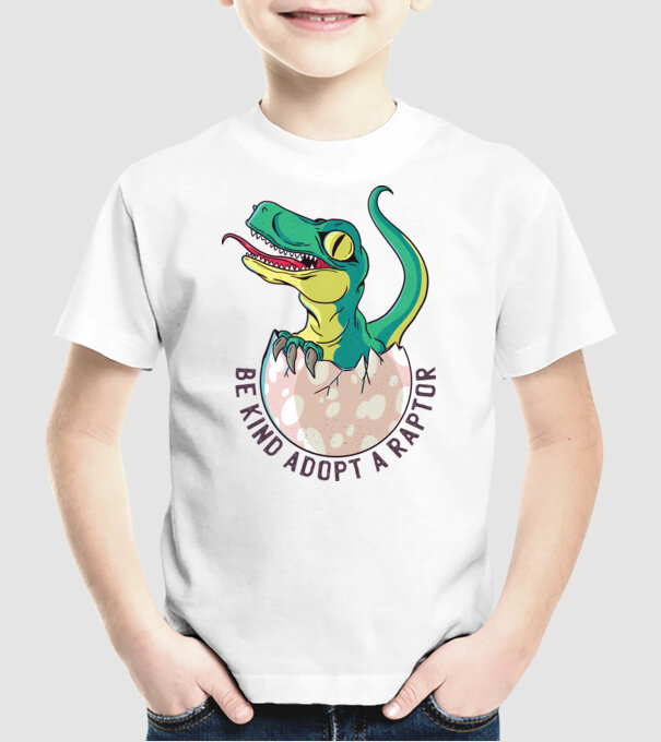 Be kind adopt a Raptor tricou cu dinozaur model alb pe tricou