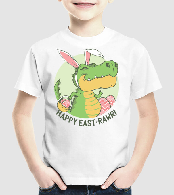 Paște Fericit tricou cu dinozaur model alb pe tricou