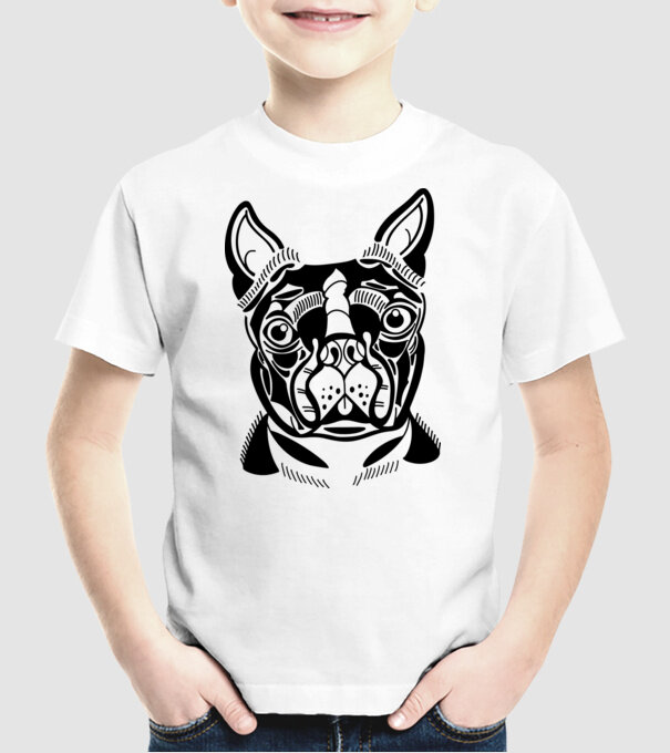 Câine Boston Terrier model alb pe tricou