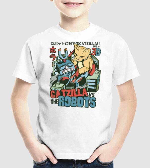 Catzilla Vs Robots model alb pe tricou