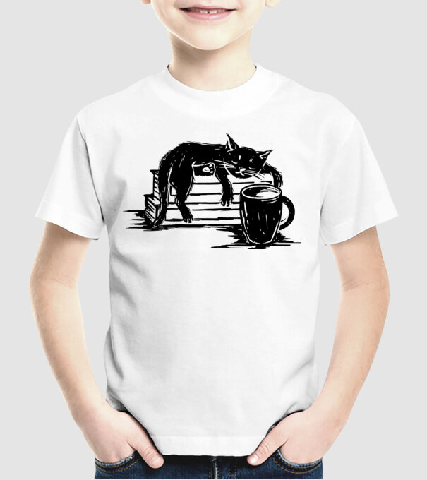 Pisică și cafea model alb pe tricou