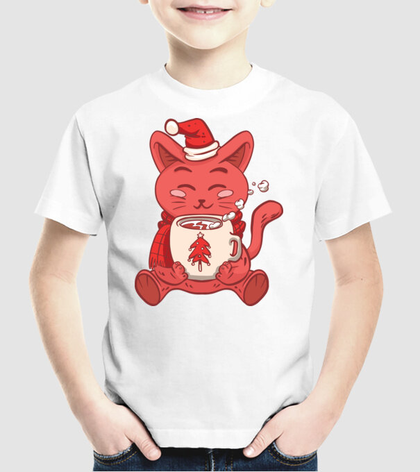 Pisică cu ciocolată caldă model alb pe tricou