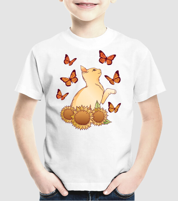 Pisică cu fluturi model alb pe tricou