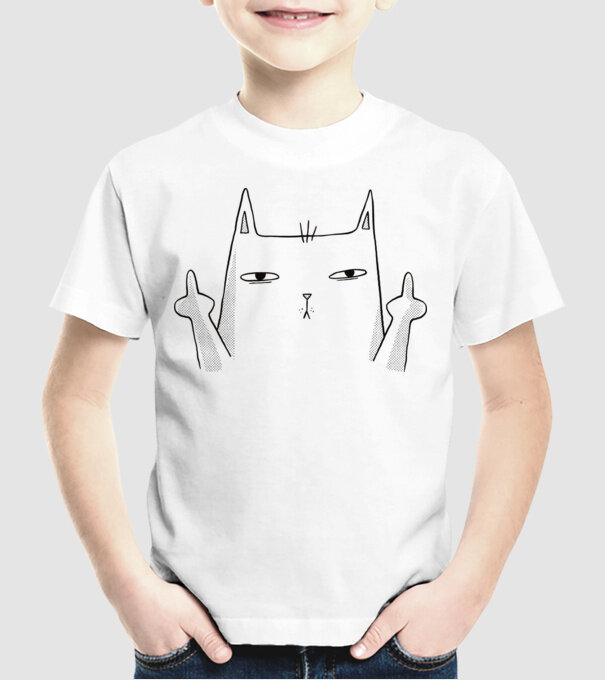 Pisică desen arată degetul model alb pe tricou