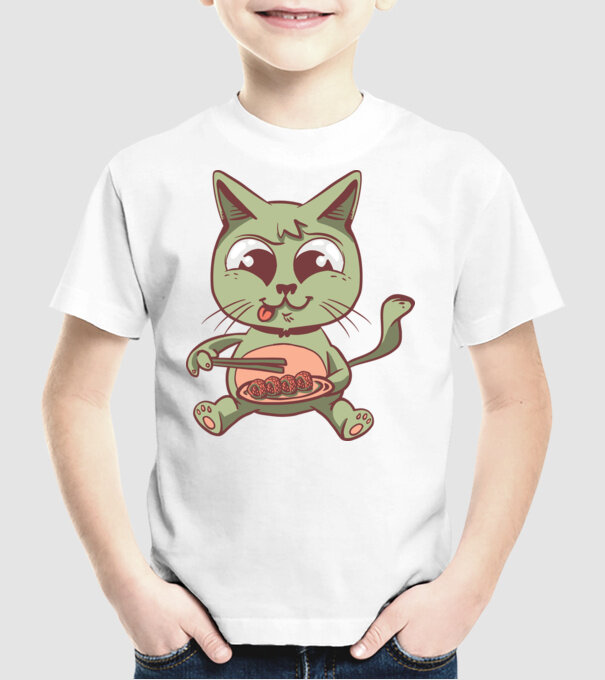 Pisică Sushi model alb pe tricou