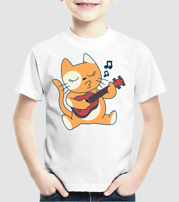 Pisică chitară Ukulele model alb pe tricou