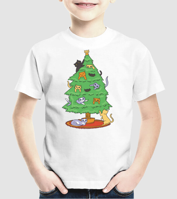 pom de Crăciun cu pisică model alb pe tricou