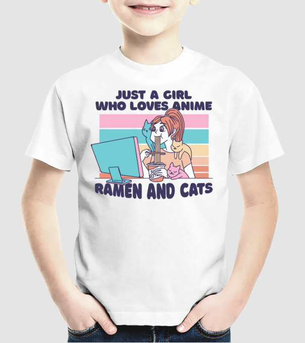 Doar o fată căreia îi place Anime, Ramen și pisicile model alb pe tricou