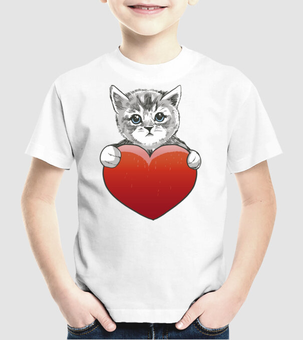 Pisicuță drăguță cu Inimă model alb pe tricou