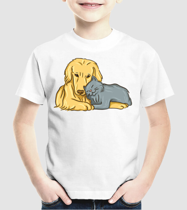 câine pisică drăguță împreună model alb pe tricou